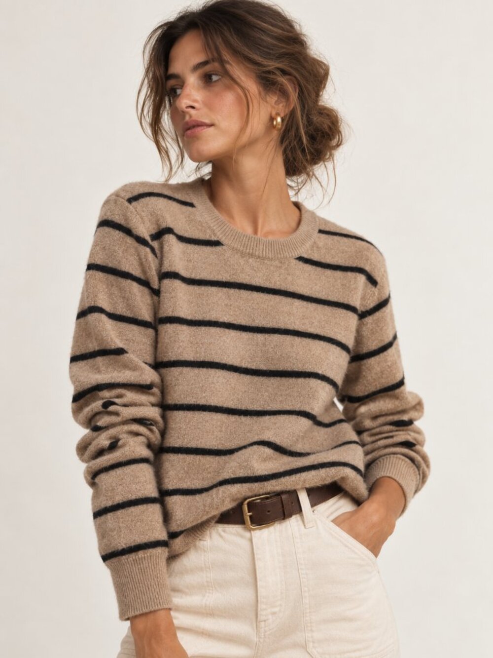 Charter Club 100% Cashmere Striped Crewneck Sweater Tan Black S
